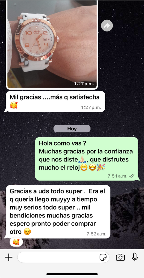 Mensaje de una clienta satisfecha con su reloj